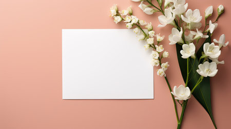 a romantic letter, surrounded by tender narcissus and gypsophila branches, set against a rose background. Ideal for text or promotion, the love of spring in a sleek and minimalist compositionの素材