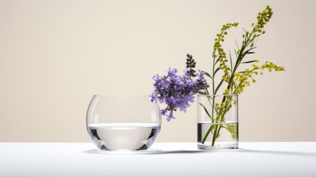 the delicate flowers in a glass on a table, creating a composition that emphasizes simplicity and elegance, statice and caspia arranged in a minimalist modern styleの素材