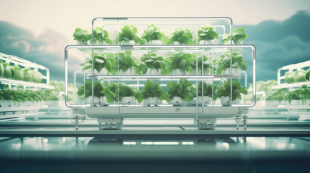 a hydroponics rack supporting a water field where vegetables thrive in a greenhouse, in a minimalist modern style, emphasizing the innovation of hydroponic farmingの素材