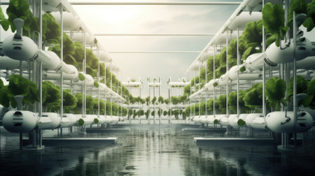 a hydroponics rack supporting a water field where vegetables thrive in a greenhouse, in a minimalist modern style, emphasizing the innovation of hydroponic farmingの素材
