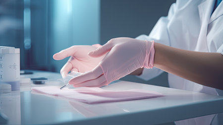 a doctor's hands in gloves actively signing up a patient for a cosmetologist consultation, the professional and contemporary aspect of the healthcare processの素材