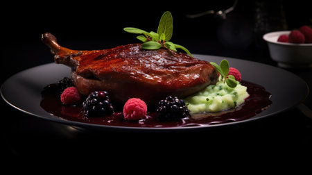 a duck leg with berry sauce and mashed potatoes elegantly presented on a black plate, a composition in a minimalist modern style, emphasizing the culinary artistry and sophistication of the dishの素材