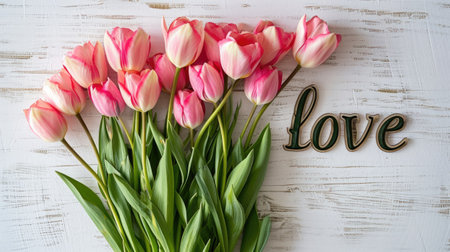 the word Love placed next to a beautifully arranged bouquet of tulips on a light background, blending modern minimalist aesthetics to evoke a sense of timeless romanceの素材