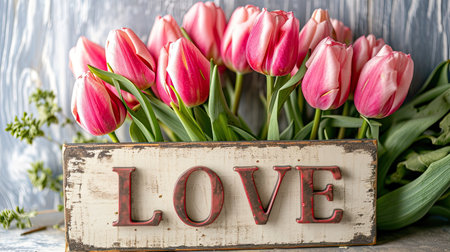 the word Love placed next to a beautifully arranged bouquet of tulips on a light background, blending modern minimalist aesthetics to evoke a sense of timeless romanceの素材