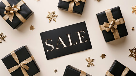 black gift boxes with sleek ribbons, each adorned with the word sale in a modern and minimalist style, creating a sophisticated and impactful representation of discounted offeringsの素材