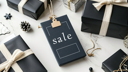 black gift boxes with sleek ribbons, each adorned with the word sale in a modern and minimalist style, creating a sophisticated and impactful representation of discounted offeringsの素材