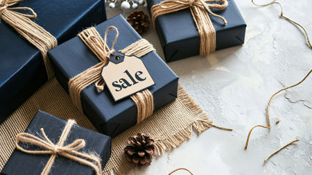 black gift boxes with sleek ribbons, each adorned with the word sale in a modern and minimalist style, creating a sophisticated and impactful representation of discounted offeringsの素材