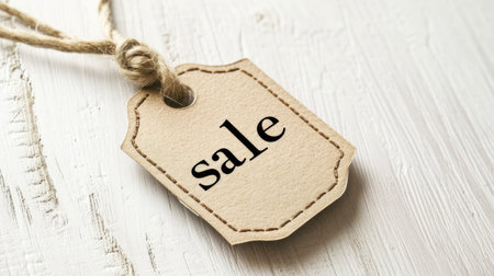 a visually striking image by featuring the word sale on a cardboard tag, designed in a modern and minimalist style, against a clean background, evoking a sense of contemporary commerceの素材