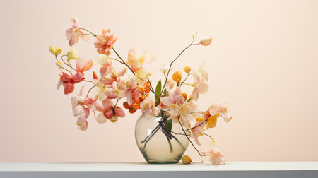 a bouquet of spring flowers on a light background in a modern minimalist style, a composition with a generous amount of empty space on the right, emphasizing simplicity and eleganceの素材