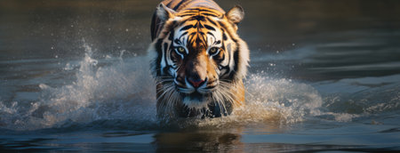 an Amur tiger walking gracefully in the water, a minimalist modern style to emphasize the wild cat's natural habitat, capturing the essence of its beauty and power with simplicityの素材