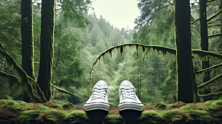 male legs clad in white, unbranded green sneakers in the forest, a minimalist modern style to highlight the simplicity and connection with nature in this compositionの素材