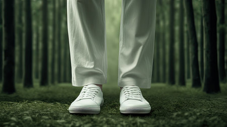male legs clad in white, unbranded green sneakers in the forest, a minimalist modern style to highlight the simplicity and connection with nature in this compositionの素材