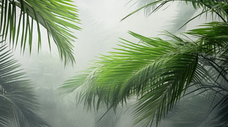 palm tree branches in a jungle forest enveloped in fog and haze, a minimalist modern style, highlighting the texture of the tropics and evoking a sense of tranquility and mystiqueの素材
