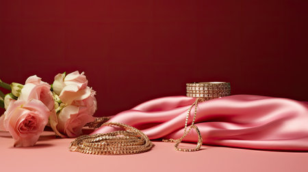 gold jewelry on a pure pink background, a perfect gift for Valentine's Day, to accentuate the elegance of earrings, rings, diamonds, and chains, creating a visually stunning sceneの素材