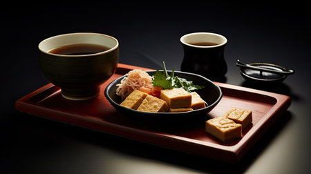 a simmered dish of Manganji togarashi and fried tofu, representing home cooking in Japan, culinary essence with in a modern style, emphasizing clean lines and contemporary aestheticsの素材