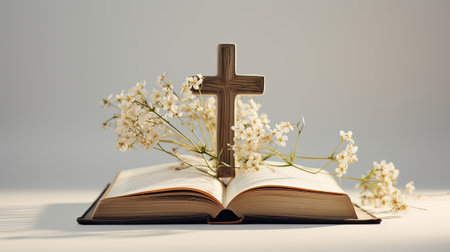 the Holy Bible, a cross, and flowers on a light background with space for text, contemporary aesthetics to convey the sacredness and tranquility of the sceneの素材