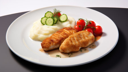 a Chicken Kiev cutlet with mashed potatoes, tomatoes, and cucumbers in a plate on a wooden light background, contemporary aesthetics to highlight the culinary beauty of the dishの素材