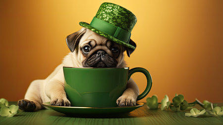 a cute pug puppy inside a mug wearing a leprechaun hat, in a minimalist modern style, focusing on the charm and whimsy of the festive sceneの素材