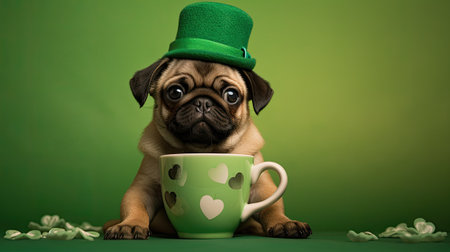 a cute pug puppy inside a mug wearing a leprechaun hat, in a minimalist modern style, focusing on the charm and whimsy of the festive sceneの素材