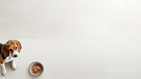 a beagle dog lying on the floor and gazing at a bowl of dry food, a minimalist modern style, creating a serene and visually appealing sceneの素材