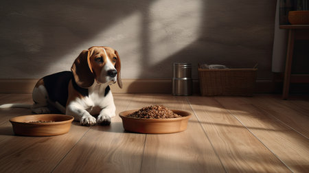 a beagle dog lying on the floor and gazing at a bowl of dry food, a minimalist modern style, creating a serene and visually appealing sceneの素材