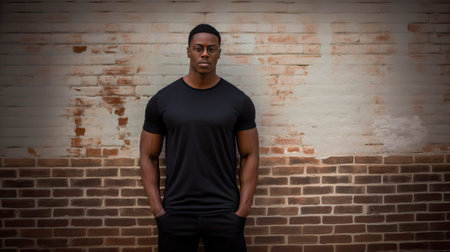 a handsome African American man wearing a blank black t-shirt, standing against a brick wallの素材