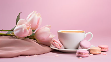 a flower composition with a pink orchid, a steaming cup of coffee or hot drink, and a macaroon on a pastel pink background of Valentine's Day and Happy Women's Dayの素材
