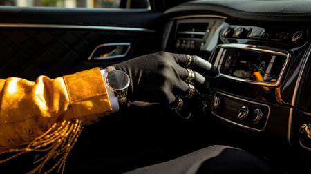 greetings, the hand of a male person on a vehicle handle in a professional transport service, business class or pick-up transport with a composition or scene in a minimalist modern styleの素材