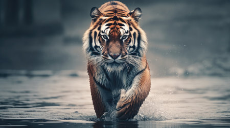the majestic Amur tiger walking on water, presenting a minimalist modern style composition or sceneの素材