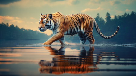 the majestic Amur tiger walking on water, presenting a minimalist modern style composition or sceneの素材