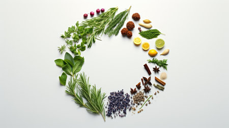 traditional Chinese medicines arranged in a circle on a light brown background, creating a visually appealing compositionの素材