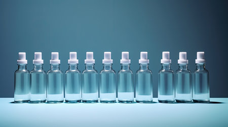 a group of vaccine bottles arranged neatly, conveying the significance of vaccination and healthcareの素材