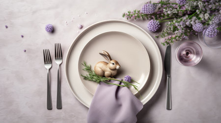 a table setting for one person, a plate with a rabbit on a napkin, accompanied by lavender and Easter eggs on a trendy background, a top view the Happy Easter concept suitable for a cafe settingの素材