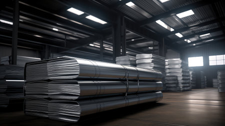rolls of galvanized steel sheet neatly stored inside a factory or warehouse, emphasizing the industrial setting and precision in storageの素材