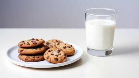 delicious cookies with chocolate arranged on a white plate, accompanied by a glass of fresh milk on a light table, suggesting an appealing idea for a children's breakfast or snackの素材