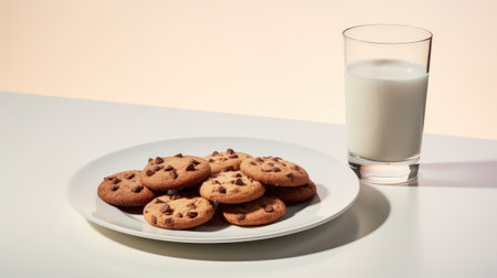 delicious cookies with chocolate arranged on a white plate, accompanied by a glass of fresh milk on a light table, suggesting an appealing idea for a children's breakfast or snackの素材