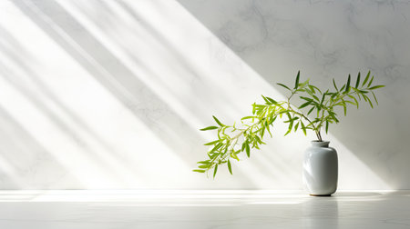 spring sunlight illuminating green tree branches, casting shadows on a white marble tile wall and wooden table, ample copy space for creative design elementsの素材