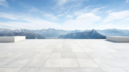 a wide city square surrounded by urban architecture, with a backdrop featuring lush green mountains during the summer seasonの素材