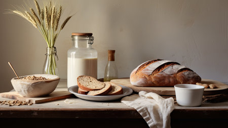 the organic almond milk in a glass bottle placed beside a ceramic plate adorned with fresh rye bread on a stone table in a kitchen, creating a scene that evokes the essence of wholesome cookingの素材