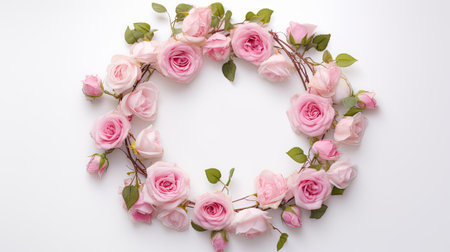 a wreath composed of pink flowers against a plain background, captured from a top view with ample copy spaceの素材