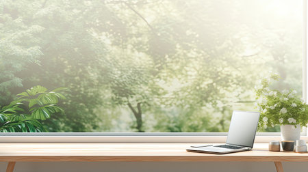 an empty desktop with ample free space, adorned with a lush green plant, and featuring a spring window flooding the area with natural lightの素材