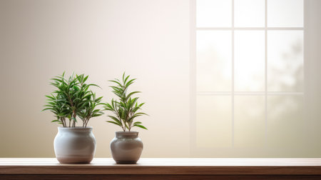 an empty desktop with ample free space, adorned with a lush green plant, and featuring a spring window flooding the area with natural lightの素材