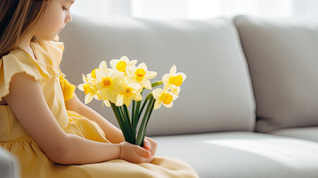 a little girl with a sweet smile, holding a bouquet of yellow daffodils in a modern, minimalist living roomの素材