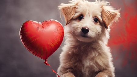 a dog holding a red heart in its mouth, conveying the essence of love and companionship on Valentine's Dayの素材