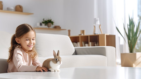 a little girl holding an Easter bunny in a modern, minimalist living room, emphasizing the contrast of tradition and contemporary styleの素材