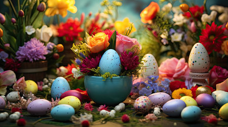 a festive Easter background featuring a variety of beautifully decorated Easter eggs surrounded by an assortment of blooming flowersの素材