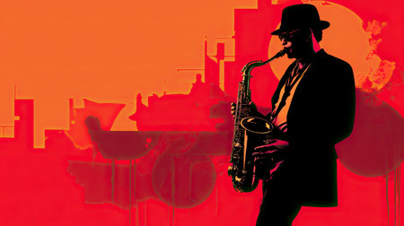 the World Jazz Festival with a dynamic photograph of a saxophonist musician passionately playing the saxophone on stage, surrounded by the energy and excitement of the festの素材