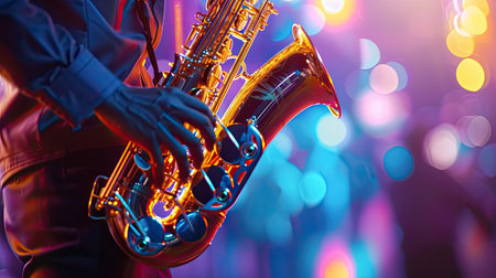 a saxophonist musician playing the saxophone, showcasing the intricate details of the instrument and the intensity of the performance against the backdrop of the fest's atmosphereの素材