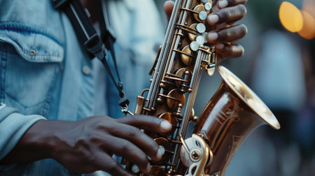 a saxophonist musician playing the saxophone, showcasing the intricate details of the instrument and the intensity of the performance against the backdrop of the fest's atmosphereの素材