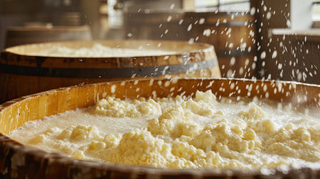 fresh milk curdles in a wooden vat under precise temperature control, highlighting the craftsmanship and dedication involved in creating fine cheesesの素材